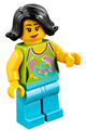 Female minifigure with black short swept sideways hair, wearing a lime halter top with dolphin pattern and medium azure legs - hol089