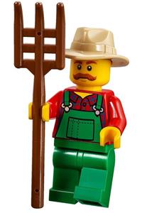 Farmer in Overalls Minifigure - Farmer wearing green overalls with a tan fedora and a moustache - hol100
