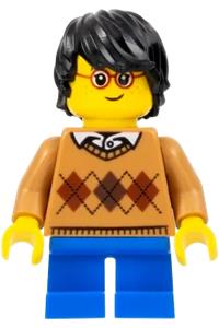 Boy Minifigure - Boy with black hair wearing glasses, in a medium nougat argyle sweater and short blue legs - hol104