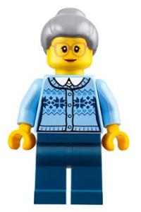 Grandmother - Fair Isle Sweater, Light Bluish Gray Hair with Top Knot Bun, Dark Blue Legs, Glasses hol106