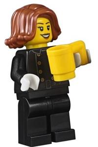 Firefighter Minifigure - A female Firefighter with short, dark orange hair swept sideways wearing a fire-themed jacket with 8 buttons - hol119