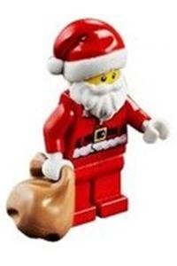 Santa Minifigure - Santa, red legs, fur lined jacket with button, gray bushy eyebrows - hol125