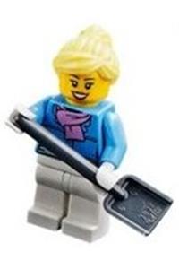 Female with parka Minifigure - Female minifigure with white legs, wearing a parka with a medium lavender scarf, and a bright light yellow ponytail with an open mouth - hol126
