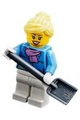 Female minifigure with white legs, wearing a parka with a medium lavender scarf, and a bright light yellow ponytail with an open mouth - hol126