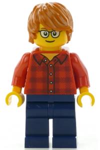 Male in Plaid Flannel Shirt - Minifigure wearing a plaid flannel shirt with collar and 5 buttons, dark blue legs, dark orange hair, and glasses - hol131