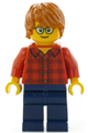 Minifigure wearing a plaid flannel shirt with collar and 5 buttons, dark blue legs, dark orange hair, and glasses - hol131