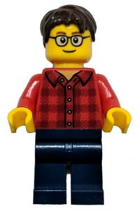 Plaid Flannel Shirt with Collar and 5 Buttons, Dark Blue Legs, Dark Brown Hair, Glasses hol131a