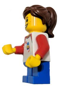 Girl Minifigure - Girl wearing a shirt with red collar and a Classic Space helmet with a spaceship orbiting it, blue short legs, ponytail, and freckles - hol132