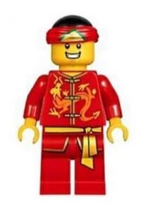 Dragon Dance Performer Minifigure - Dragon dance performer with a tied red bandana and an open mouth smile showing teeth - hol134