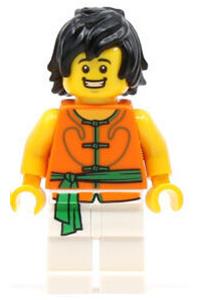 Dragon Boat Race Team Green/Orange Member 1 - Member 1 of a dragon boat racing team wearing green and orange attire - hol153