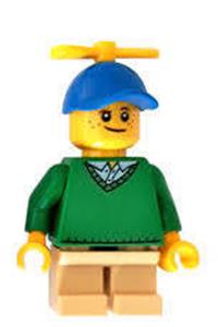 Boy with green sweater Minifigure - Boy with freckles wearing a green sweater, tan short legs, and a blue cap with a tiny yellow propeller - hol163