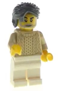 Snowmobile Driver Minifigure - Male snowmobile driver in a tan knit sweater with dark bluish gray hair and white legs - hol166