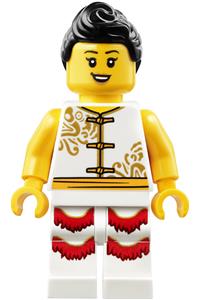Woman Minifigure - Woman in lion dance costume with white shirt and white legs featuring red fringe - hol177