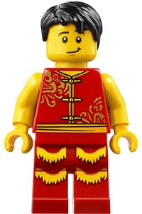 Lion Dance Male Minifigure - Man wearing a red shirt and red legs with gold fringe performing a lion dance - hol178