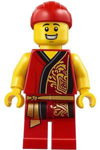 Lion Dance Musician Minifigure - Lion Dance Musician with a red head wrap and a smile, wearing a red robe with a gold dragon - hol179
