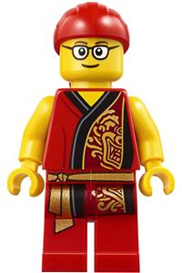 Lion Dance Musician Minifigure - Lion Dance Musician wearing glasses, a red head wrap, and a red robe with a gold dragon - hol180
