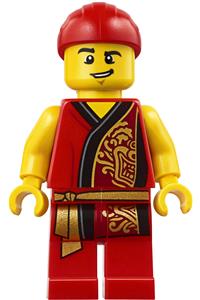 Lion Dance Musician Minifigure - Lion dance musician with a red head wrap, lopsided grin, raised eyebrow, wearing a red robe with gold dragon - hol181