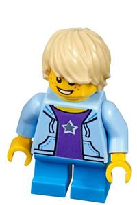 Birthday Boy Minifigure - Birthday boy with tan hair wearing a bright light blue hooded sweatshirt and dark azure short legs - hol182