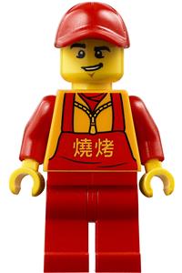 Food Vendor Minifigure - Food vendor wearing a red cap and apron with a bright light orange logogram '??' - hol183