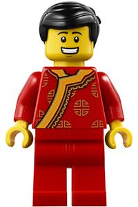 Toy Vendor Minifigure - Toy vendor with black hair wearing a red changshan with bright light orange wide hem and gold circle patterns - hol186