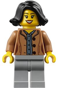 Woman Minifigure - Woman with black hair wearing a medium nougat jacket over a dark bluish gray shirt and light bluish gray legs - hol188