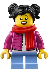 Child Girl Minifigure - Girl child with black hair wearing a red scarf, dark pink puffy jacket, white shirt, and medium blue short legs - hol189