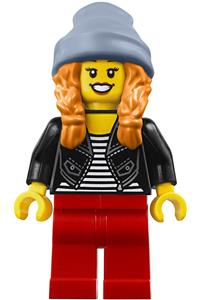 Woman Minifigure - Woman with orange ponytails wearing a sand blue stocking cap, a black jacket over a striped shirt, and red legs - hol191