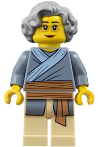 Porcelain Vendor Minifigure - Female porcelain vendor with light bluish gray hair, glasses, wearing a sand blue tunic with medium nougat sash and tan legs - hol192
