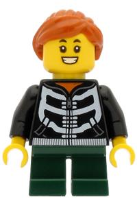 Girl Minifigure - Girl with dark orange hair wearing a black hoodie with skeleton torso and dark green short legs - hol207