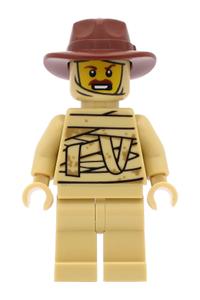 Tractor Driver Minifigure - Tractor driver wearing a reddish brown fedora hat and dressed in a tan mummy costume - hol208
