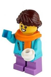 Girl Minifigure - A girl with dark brown hair wearing a medium azure winter jacket, medium lavender short legs, and an orange scarf - hol215