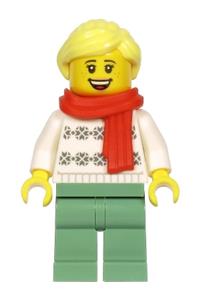 Woman, White Turtleneck Sweater, Sand Green Legs, Bright Light Yellow Hair, Red Scarf hol216