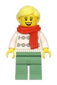 Woman Minifigure - Woman with white turtleneck sweater, sand green legs, bright light yellow hair, and a red scarf - hol216
