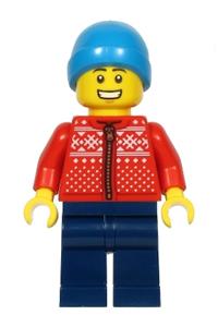 Man, Red Winter Jacket, Dark Blue Legs, Dark Azure Ski Beanie Hat hol217