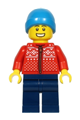 Man, Red Winter Jacket, Dark Blue Legs, Dark Azure Ski Beanie Hat - hol217