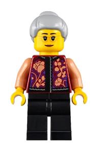 Grandmother Minifigure - Elderly woman in a floral shirt with black legs, light bluish gray hair, and wearing glasses - hol220