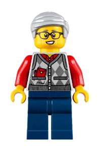 Grandfather Minifigure - Elderly minifigure wearing an argyle cardigan over a red shirt with dark blue legs and light bluish gray hair - hol221