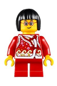 Child Girl Minifigure - A girl with black short hair wearing a red shirt with bows and flowers, red short legs, and glasses - hol222