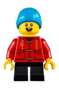 Child Boy Minifigure - Boy with a red shirt, black short legs, and wearing a dark azure beanie - hol223
