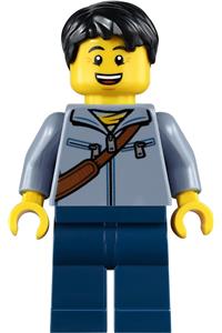 Man Minifigure - Man with black hair wearing sand blue jacket with reddish brown satchel, and dark blue legs - hol226