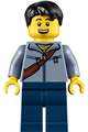 Man with black hair wearing sand blue jacket with reddish brown satchel, and dark blue legs - hol226