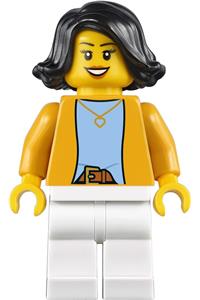 Woman Minifigure - Woman with black mid-length hair wearing a bright light orange jacket over a light bluish gray shirt, white legs - hol227