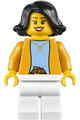 Woman with black mid-length hair wearing a bright light orange jacket over a light bluish gray shirt, white legs - hol227