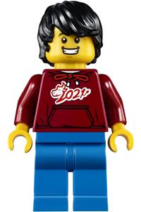 Man Minifigure - Man with a dark red '2021' shirt, blue legs, and black hair - hol228