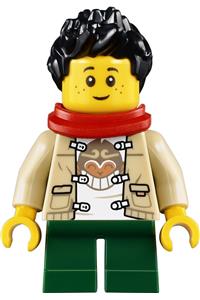 Child Boy Minifigure - A boy wearing a Monkie Kid shirt with a red scarf, dark green short legs, and black hair - hol230