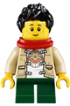 A boy wearing a Monkie Kid shirt with a red scarf, dark green short legs, and black hair - hol230
