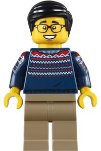 Man Minifigure - Man wearing a dark blue sweater with dark tan legs, black hair, and glasses - hol231