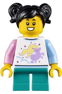 Child Girl Minifigure - Girl child with black hair wearing a unicorn shirt and dark turquoise short legs - hol232