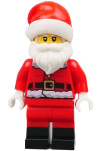 Santa, red legs, black boots fur lined jacket with button and candy cane on back, gray bushy eyebrows hol246