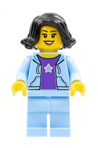 Woman Minifigure - Woman with black hair wearing a bright light blue jacket over a dark purple star shirt and bright light blue legs - hol261